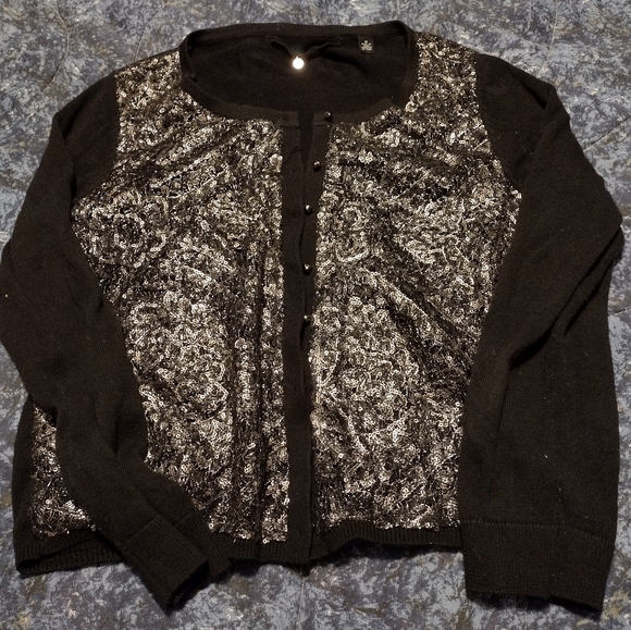 🙂Women's Knitted and Knotted Cardigan Sweater Black with Silver Sequins Size M - Picture 2 of 5